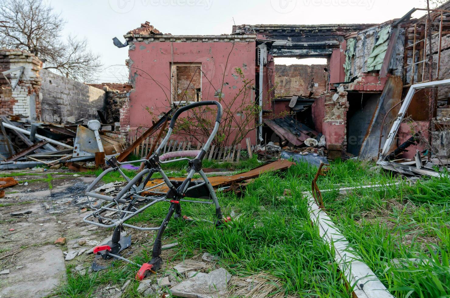 street of the damaged city without people in Ukraine photo