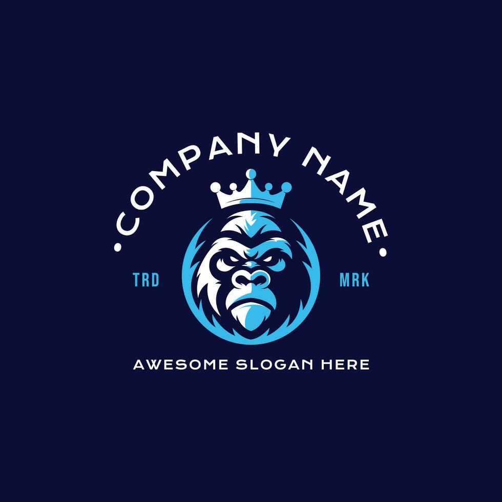 Vintage gorilla wearing king's crown mascot vector logo design. Retro minimalist monkey head illustration as company brand identity. Vector illustration.