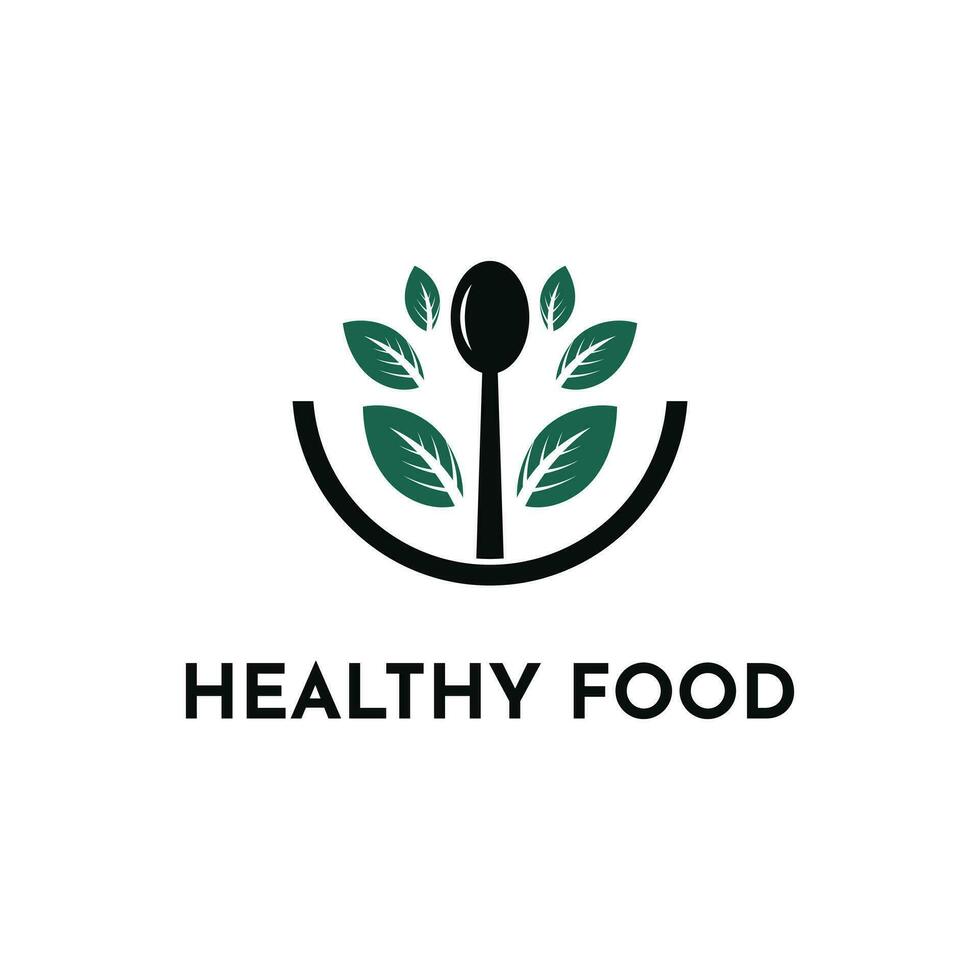 sano comida logo diseño concepto con cuchara y hoja vector