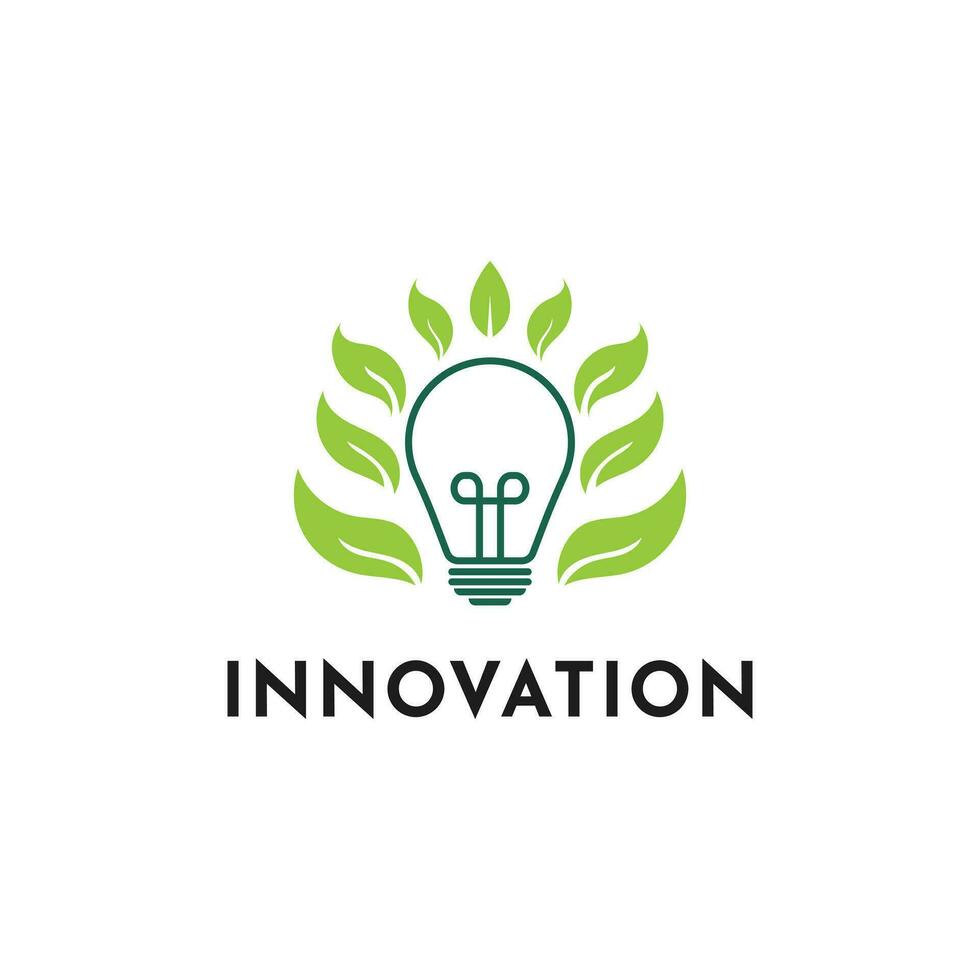 innovación logo diseño idea con ligero bulbo y hoja icono vector