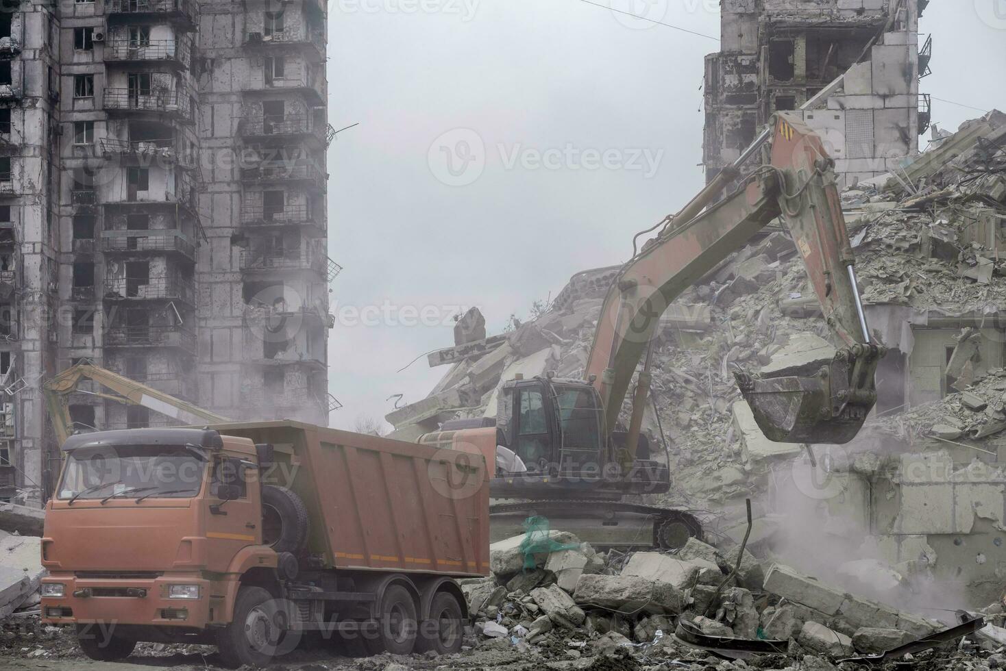 construction equipment destroys affected houses war in Ukraine photo