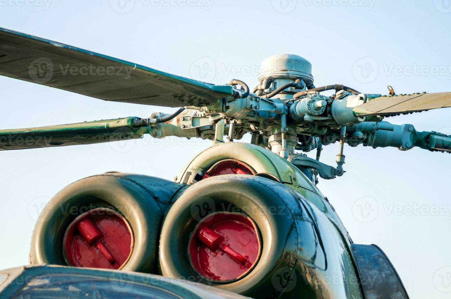 engine with helicopter propeller blades close up photo