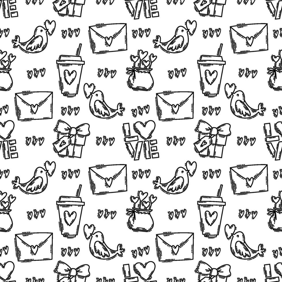 The love theme doodle style seamless pattern in black and white, Valentines Day hand-drawn icons with a simple engraving retro effect. Romantic mood, cute symbols and elements backgrounds collection. vector
