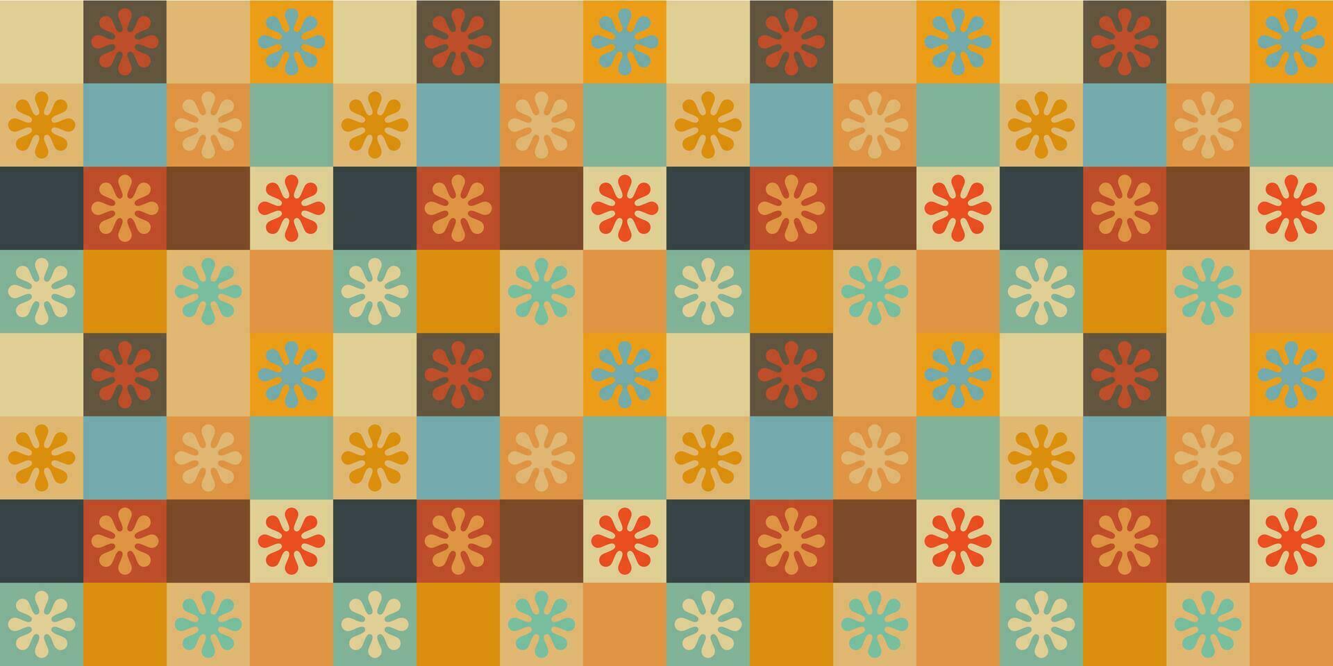A retro style seamless pattern with a hippie flower aesthetic design and checkered vector background. Print surface for textiles, wrapping, and webs.