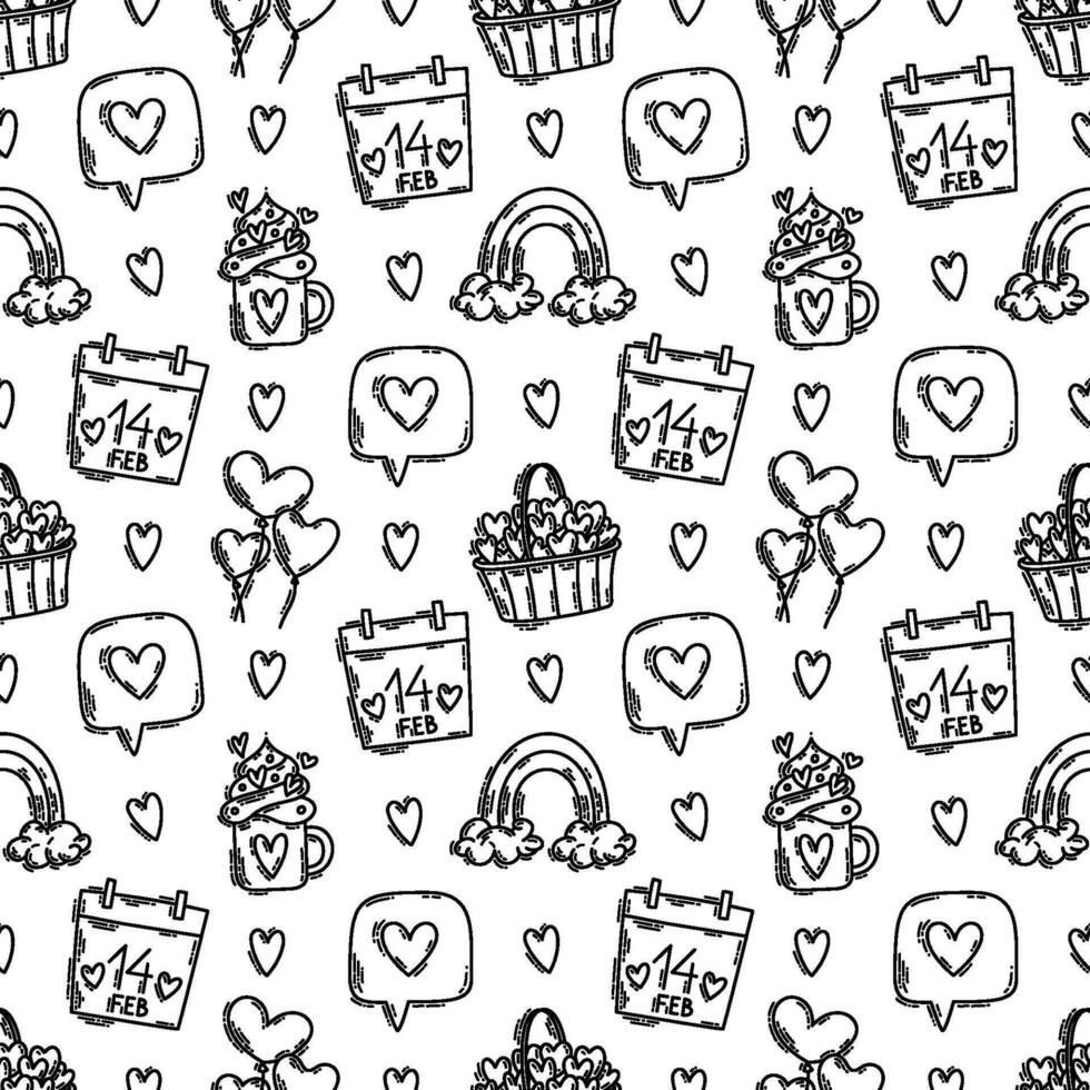 The love theme doodle style seamless pattern in black and white, Valentines Day hand-drawn icons with a simple engraving retro effect. Romantic mood, cute symbols and elements backgrounds collection. vector