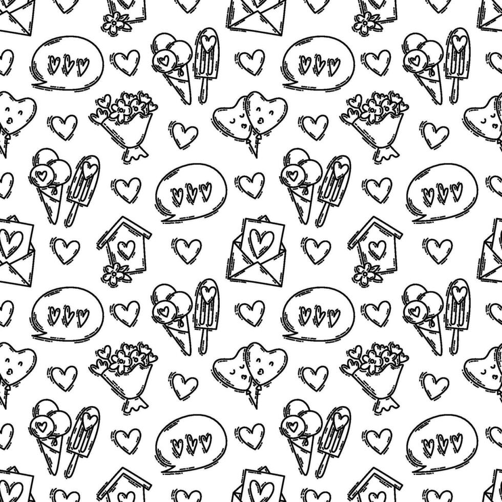 Valentines Day doodle style seamless pattern in black and white, hand-drawn icons with simple engraving retro effect. Romantic love mood, cute symbols and elements backgrounds collection. vector