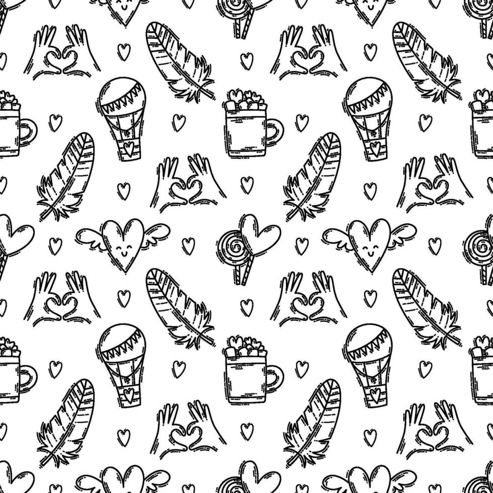 The love theme doodle style seamless pattern in black and white, Valentines Day hand-drawn icons with a simple engraving retro effect. Romantic mood, cute symbols and elements backgrounds collection. vector