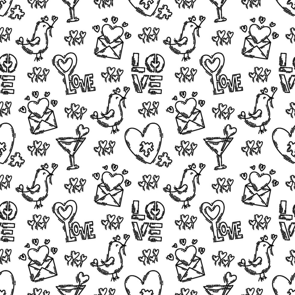 The love theme doodle style seamless pattern in black and white, Valentines Day hand-drawn icons with a simple engraving retro effect. Romantic mood, cute symbols and elements backgrounds collection. vector