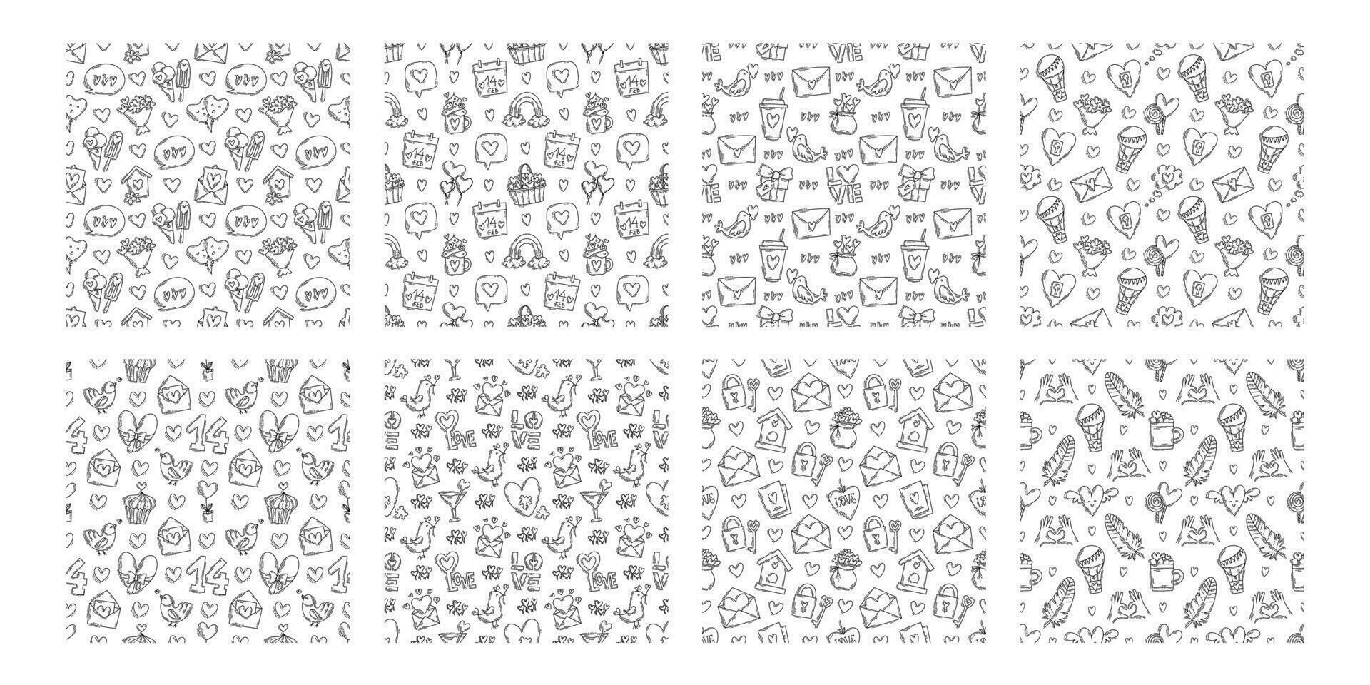 The love theme doodle style seamless pattern in black and white, Valentines Day hand-drawn icons with a simple engraving retro effect. Romantic mood, cute symbols and elements backgrounds collection. vector