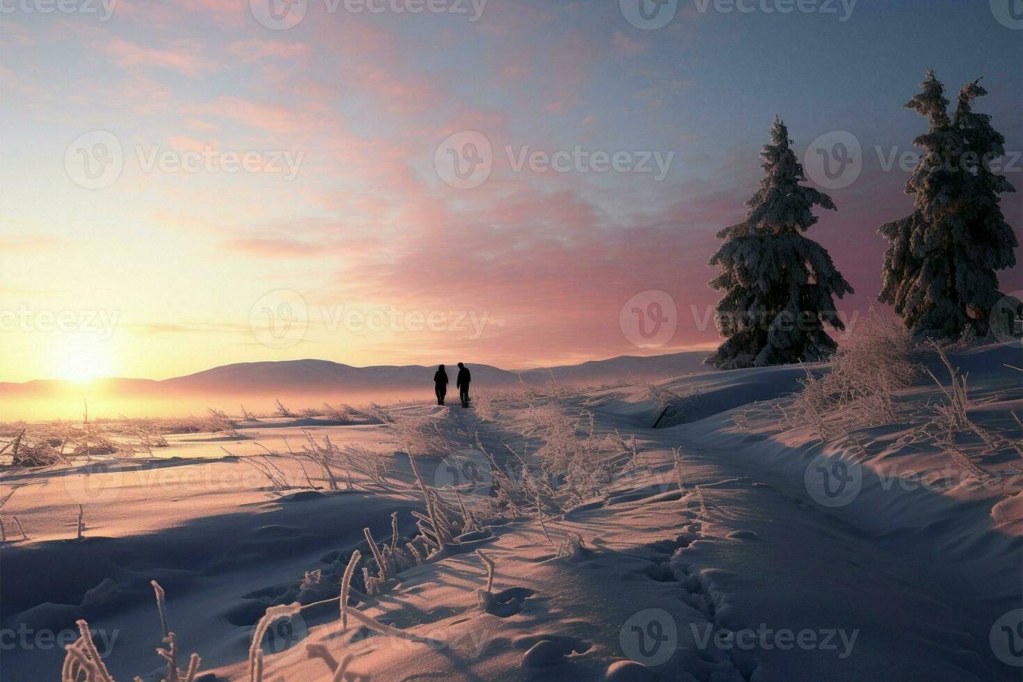 AI generated Evening frost Winter landscape painted in the hues of a sunset photo