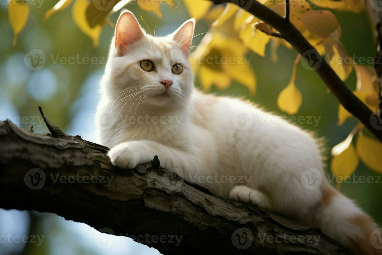 ai generado encantador visión un blanco gato en un árbol rama personifica sereno, natural elegancia foto