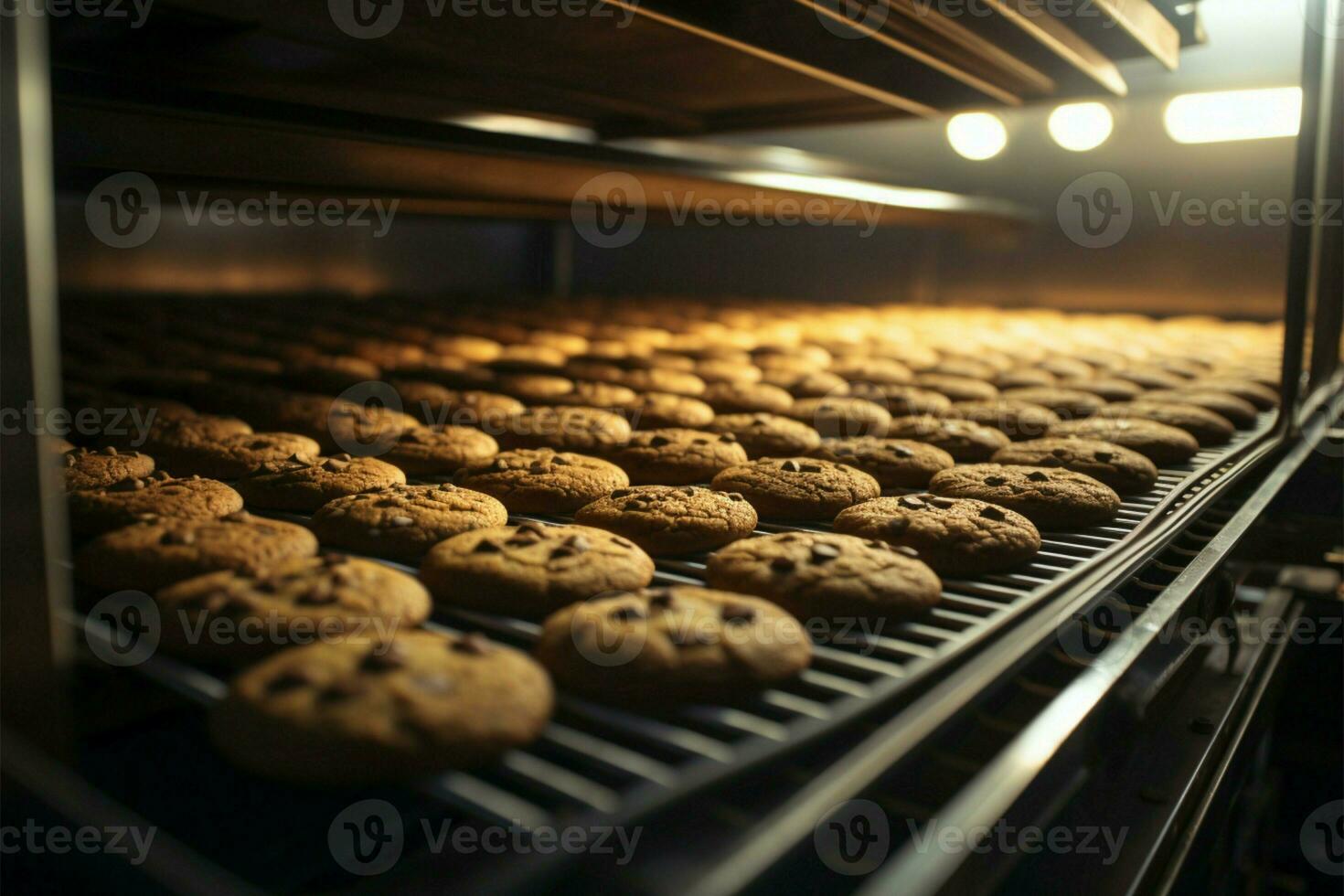 ai generado chocolate Galleta fábrica línea artesanía delicioso trata con precisión y Agua en la boca eficiencia foto