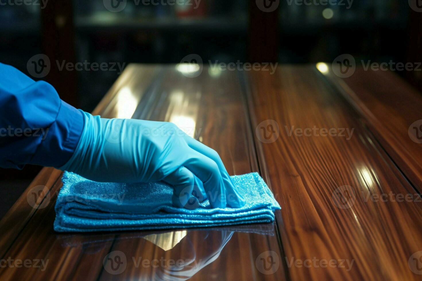 AI generated Blue gloved hand caresses the table, ensuring pristine cleanliness photo