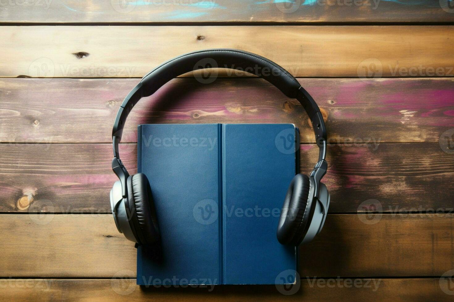 AI generated Wooden background adorned with notepad and headphonesaudio book potential photo