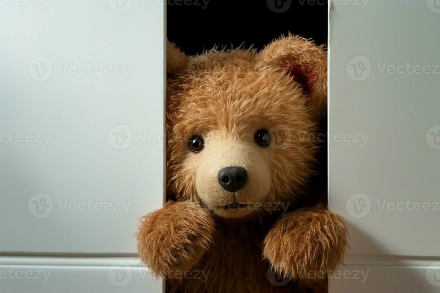 AI generated Whimsical play Children delight as teddy bear hides behind door photo