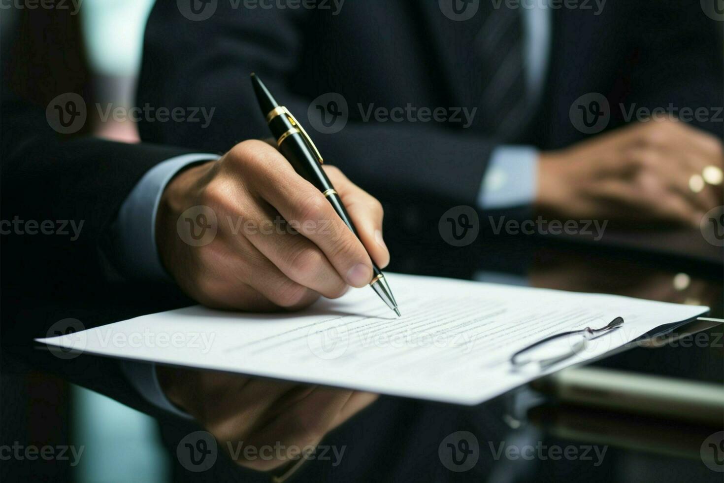 AI generated Business handshake on paper a hand signs a contract, sealing strategic agreements photo