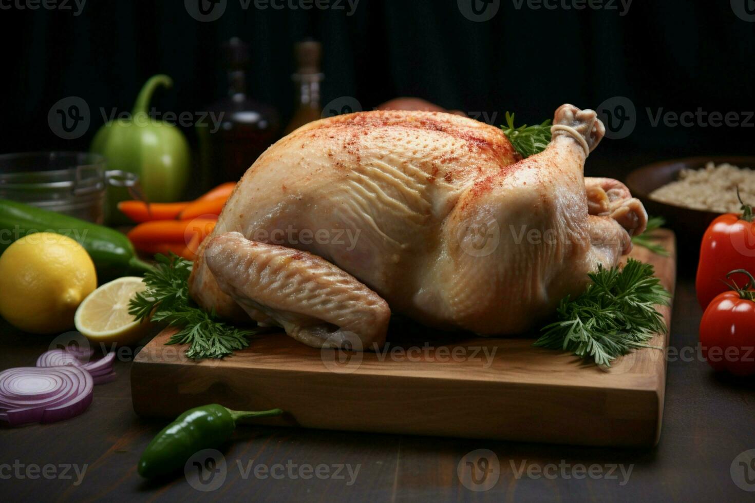 AI generated Wooden canvas a raw whole chicken displayed with vibrant vegetables photo