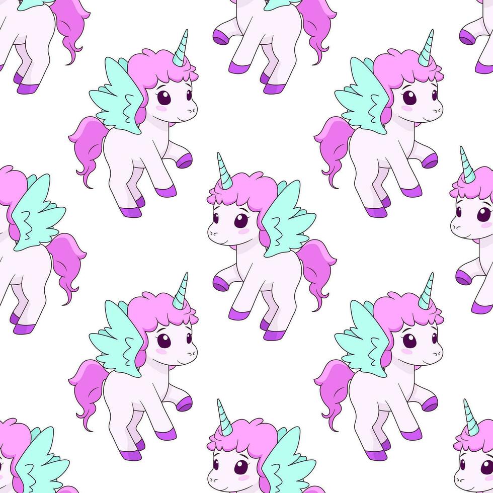 Seamless pattern with magic unicorns on white backdrop. Vector tile with cartoon character for childish print, wrapper, textile, print, fabric.