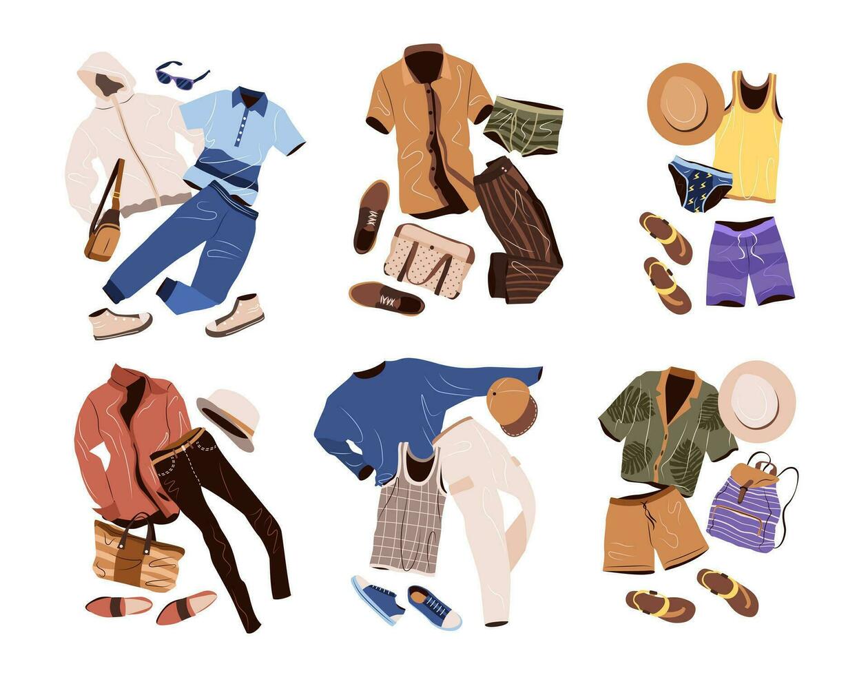 Outfits set in casual style for men. Fashion clothing, accessories, shoes for spring and summer. isolated flat vector illustrations on white background.