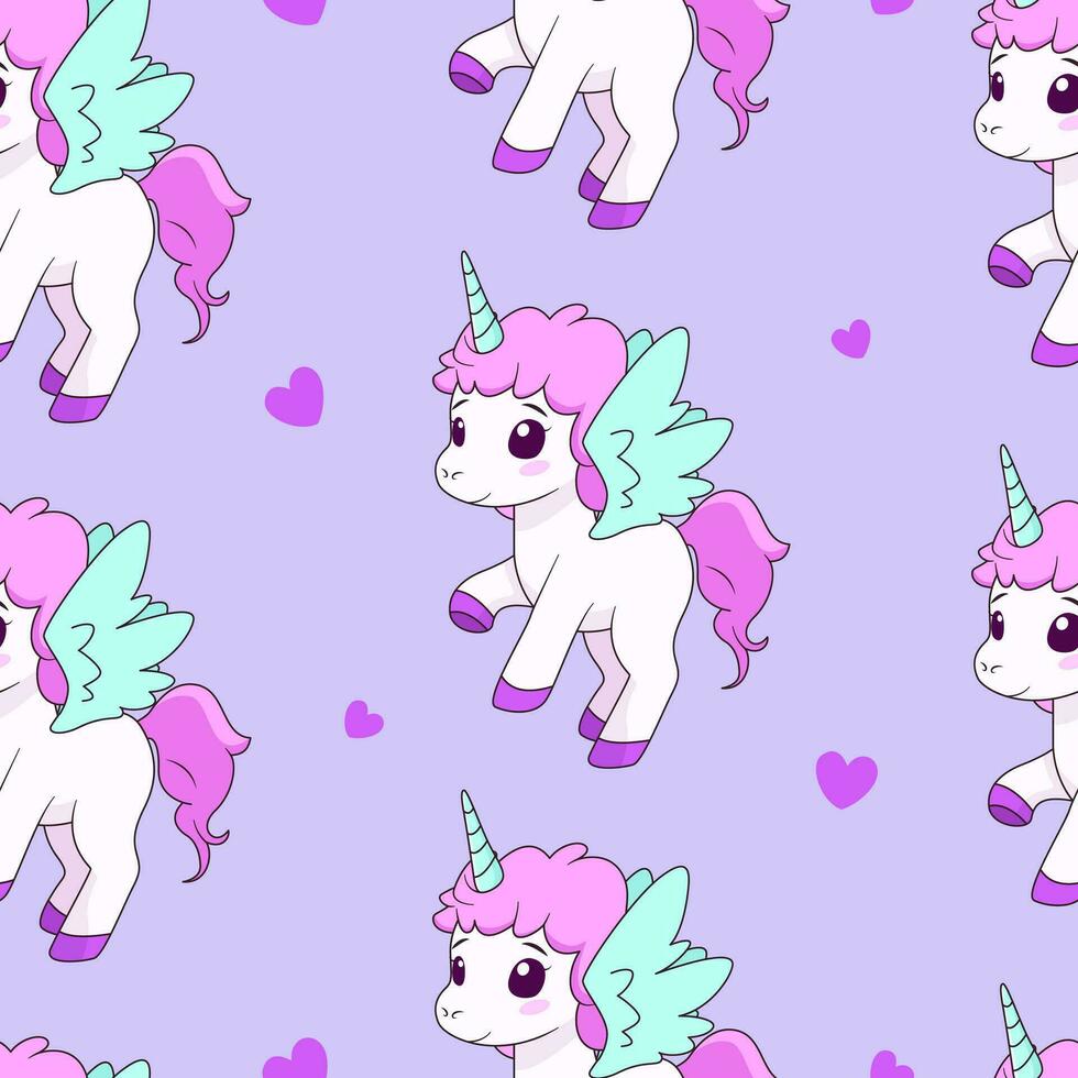 sin costura modelo con magia unicornios en Violeta fondo. vector loseta con dibujos animados personaje y corazones para infantil imprimir, envoltura, textil, imprimir, tela.