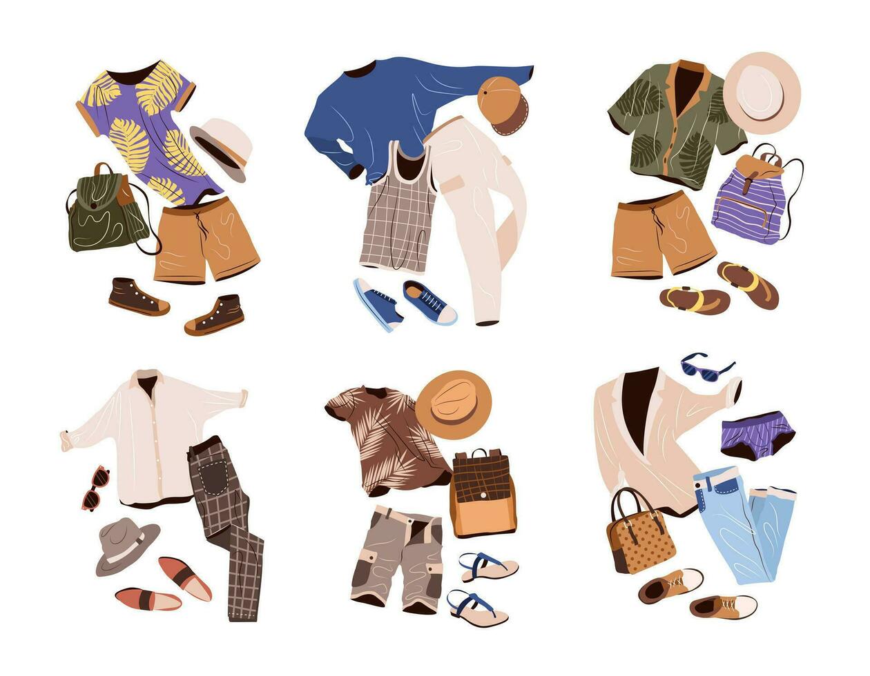 Outfits set in casual style for men. Fashion clothing, accessories, shoes for spring and summer. isolated flat vector illustrations on white background.