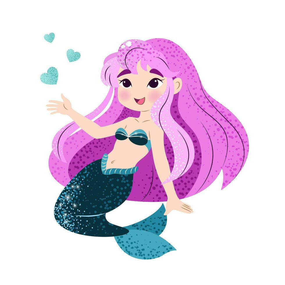 Cute cartoon little mermaid with hearts. Vector illustration in flat style. Graphic design for children, wallpapers, posters, greeting cards, prints. Magical creature.