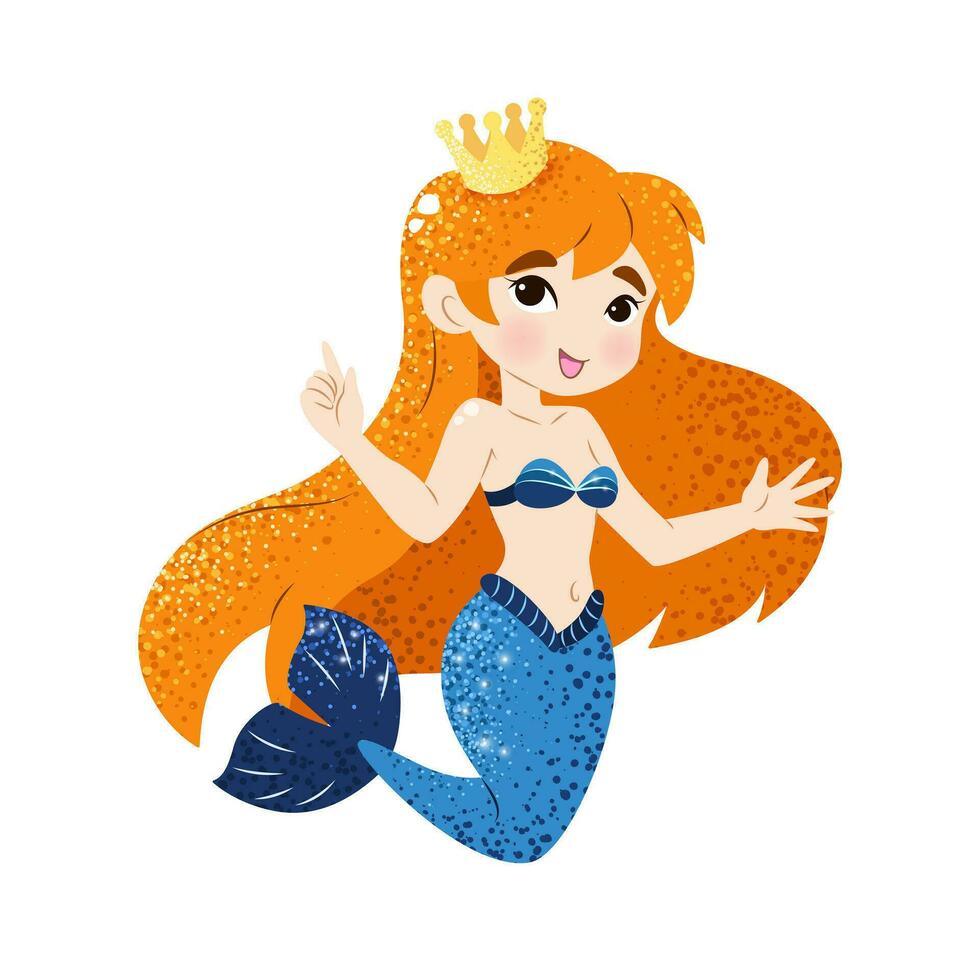 linda dibujos animados pequeño sirena. vector ilustración en plano estilo. gráfico diseño para niños, fondos de pantalla, carteles, saludo tarjetas, huellas dactilares. mágico criatura.