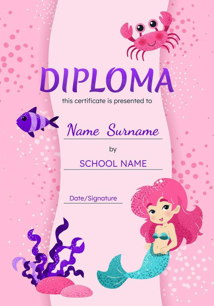 Diploma certificate vertical template with cute little mermaid, fish, crab, seaweed. Vector background for school, preschool, kindergarten. Funny underwater animals in cartoon style.