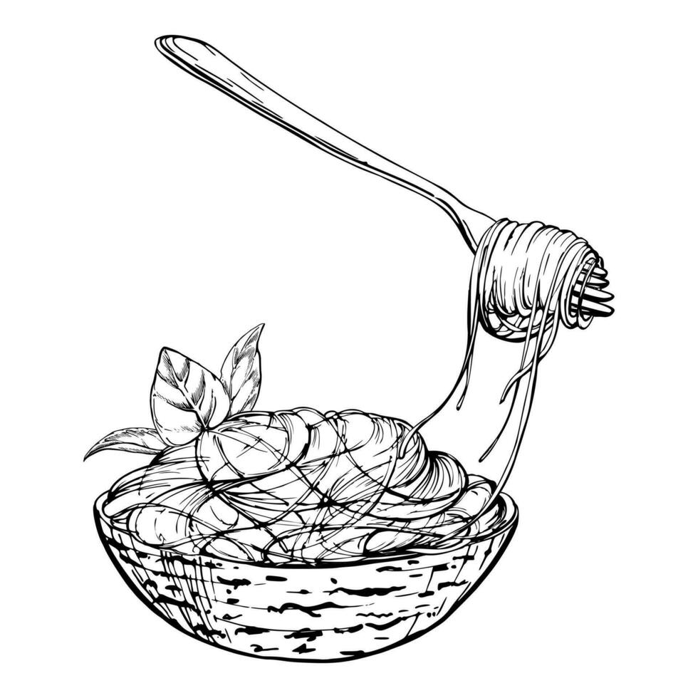 Hand drawn vector ink illustration. Pasta Italian dish spaghetti vermicelli noodles on fork and in bowl basil herb. Composition isolated on white. Restaurant menu, food shop package, flyer, print.