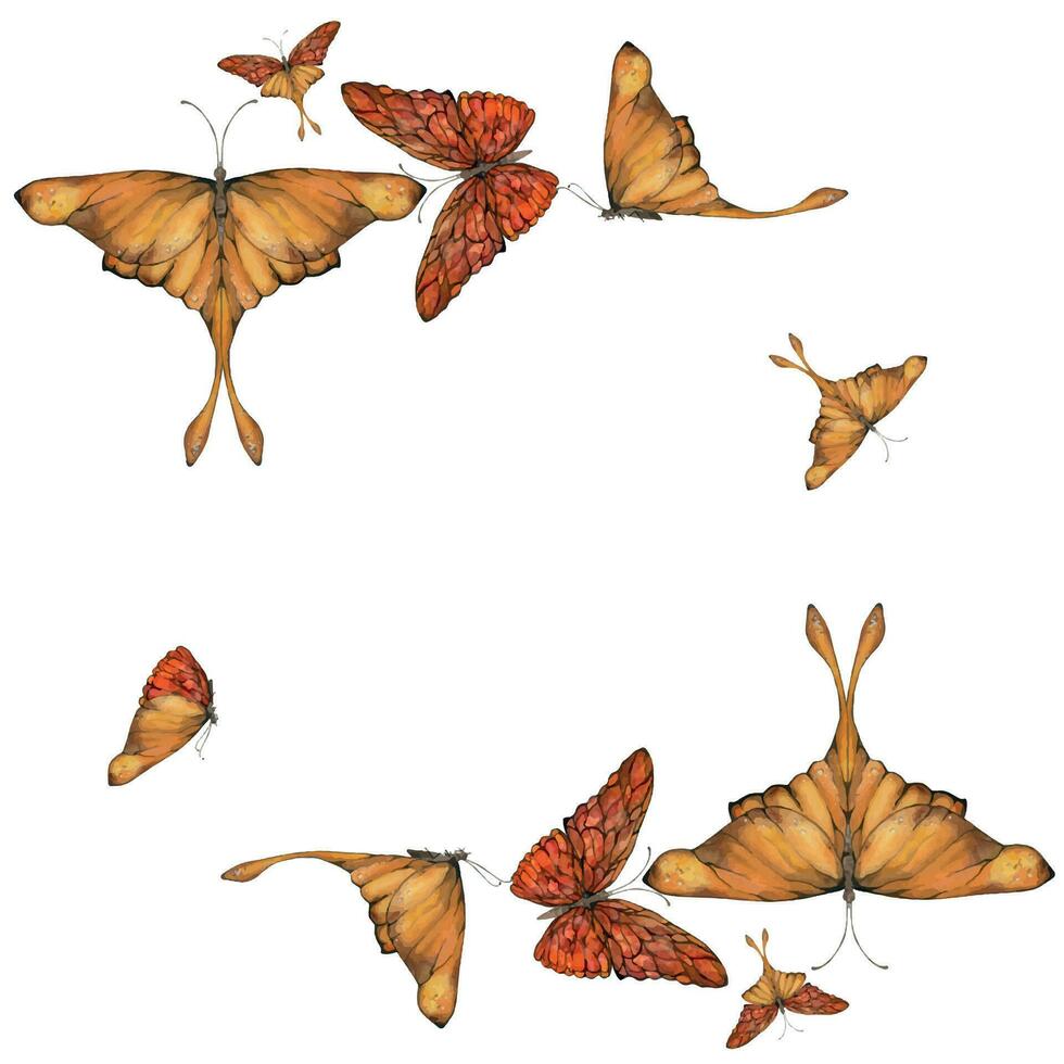Hand drawn watercolor illustration butterfly fairy wings gem crystal insect moth. Amber garnet sunstone agate ruby. Square frame isolated on white background. Design print, shop, wedding, birthday vector