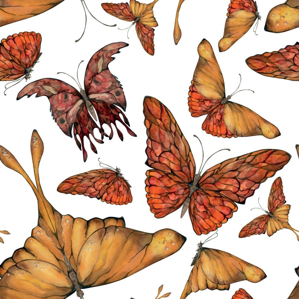 Hand drawn watercolor illustration butterfly fairy wings gem crystal insect moth. Amber garnet sunstone agate ruby. Seamless pattern isolated on white background. Design print, shop, wedding, package vector