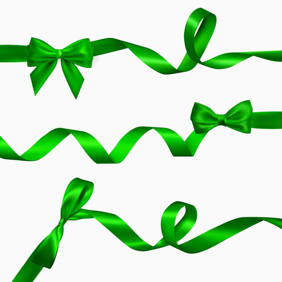 Set of Realistic green bow with long curled green ribbon. Element for decoration gifts, greetings, holidays, Valentines Day design. Vector illustration