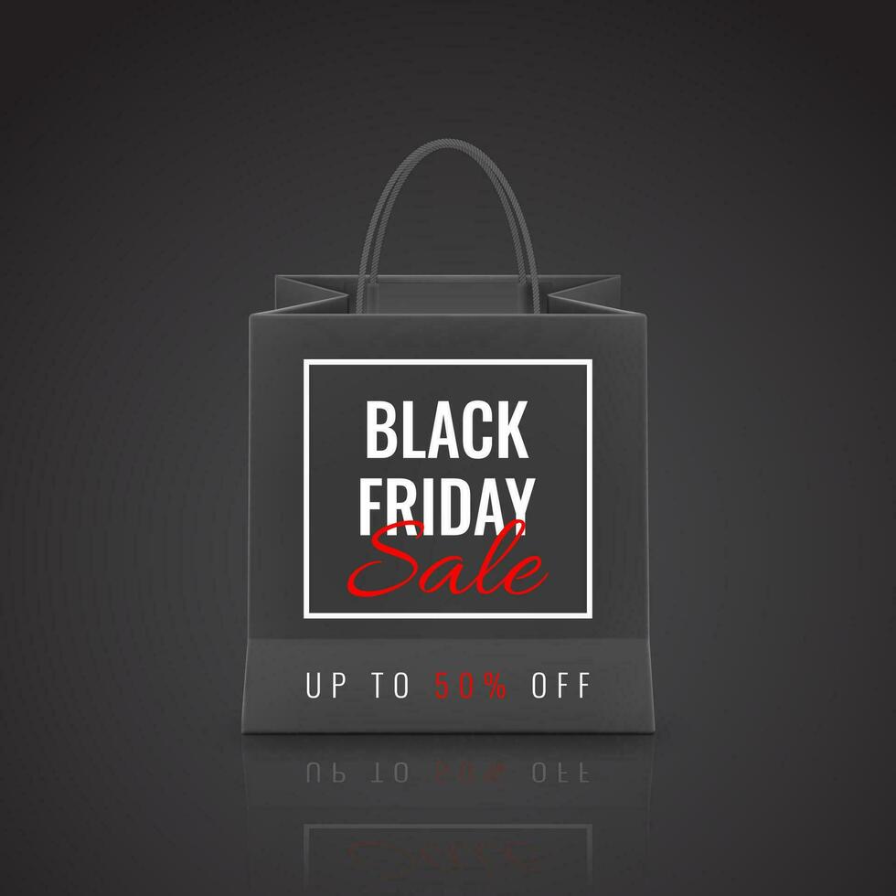 Black Friday Sale. Realistic Paper shopping bag with handles isolated on white background. Vector illustration