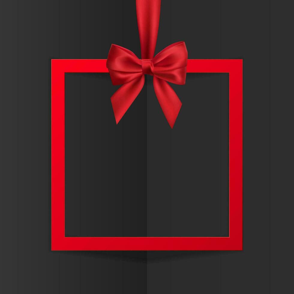 Bright holiday gift box frame banner hanging with red ribbon and silky bow on black background. Vector illustration