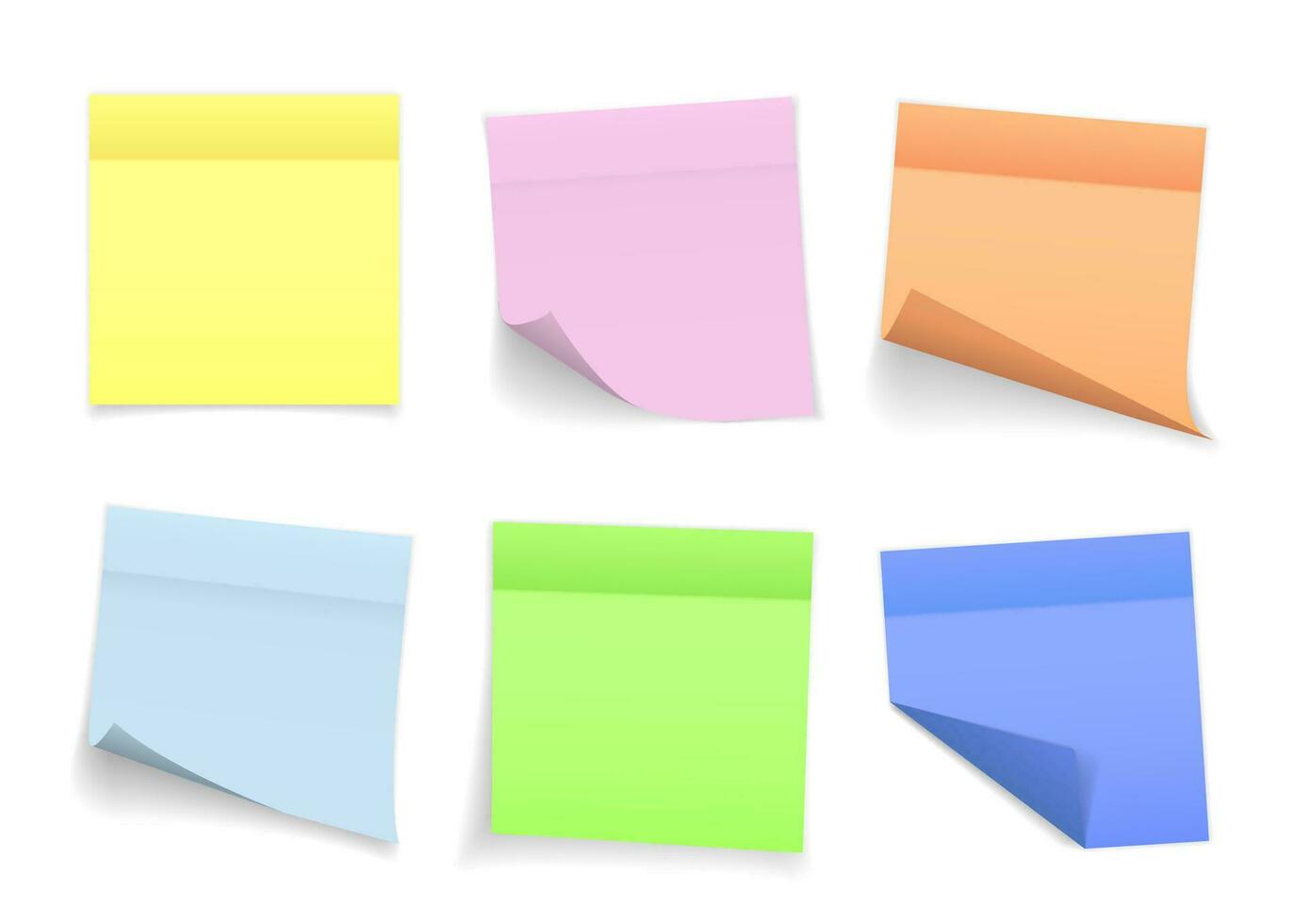 Collection of different colored sheets of note papers with curled corner and shadow, ready for your message. Realistic. Isolated on white background. Set. Vector illustration