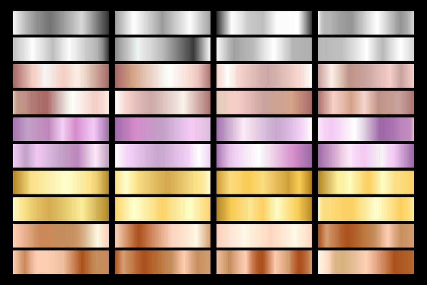 Collection of silver, chrome, gold, rose gold. bronze metallic and ultraviolet gradient. Vector illustration