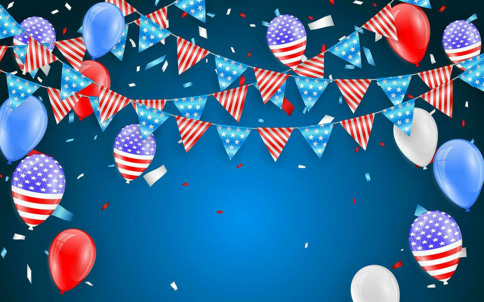 Hanging Bunting Flags for American Holidays card design. American flag balloons with confetti background. Vector illustration