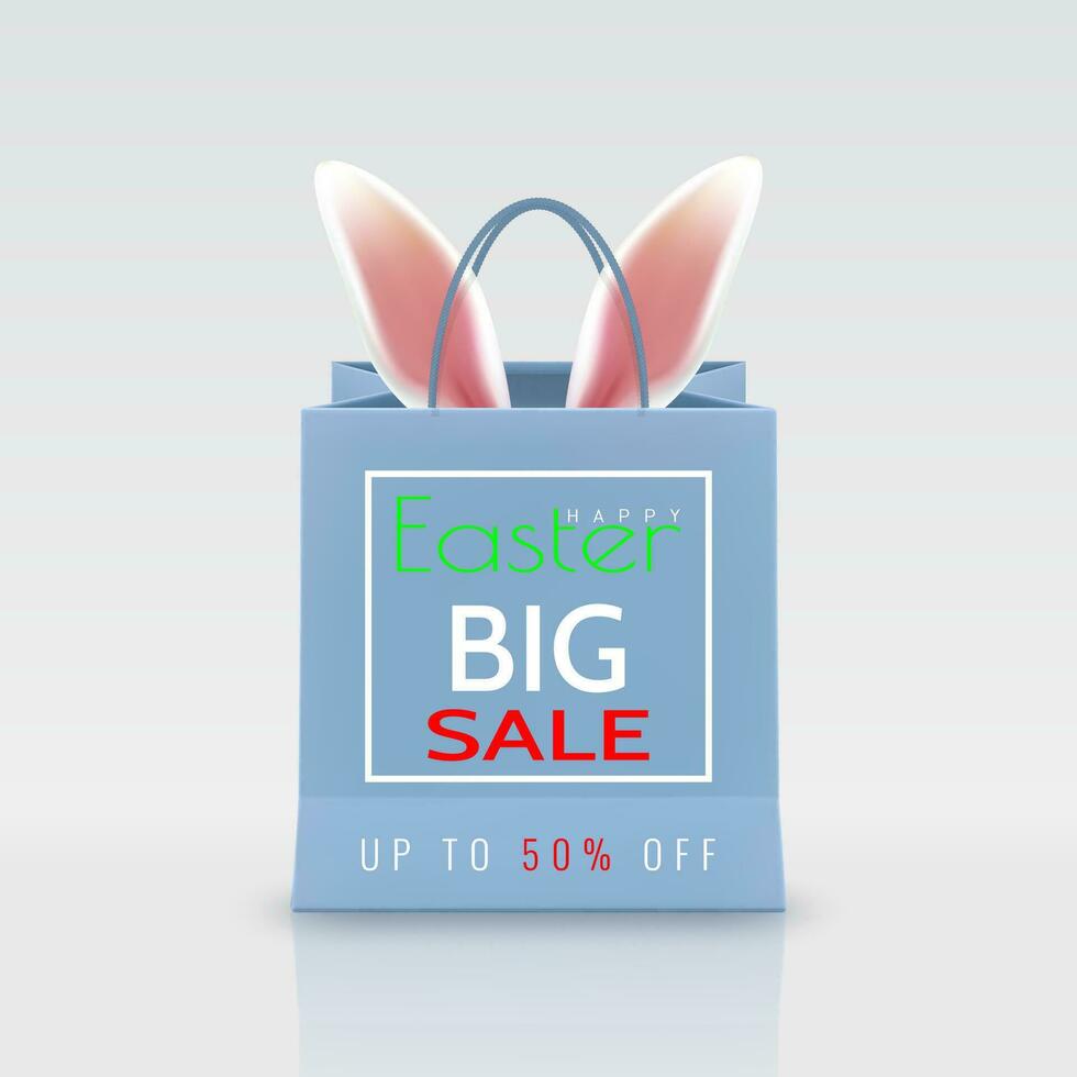 Happy Easter Sale. Realistic Paper shopping bag with handles isolated on white background. Vector illustration