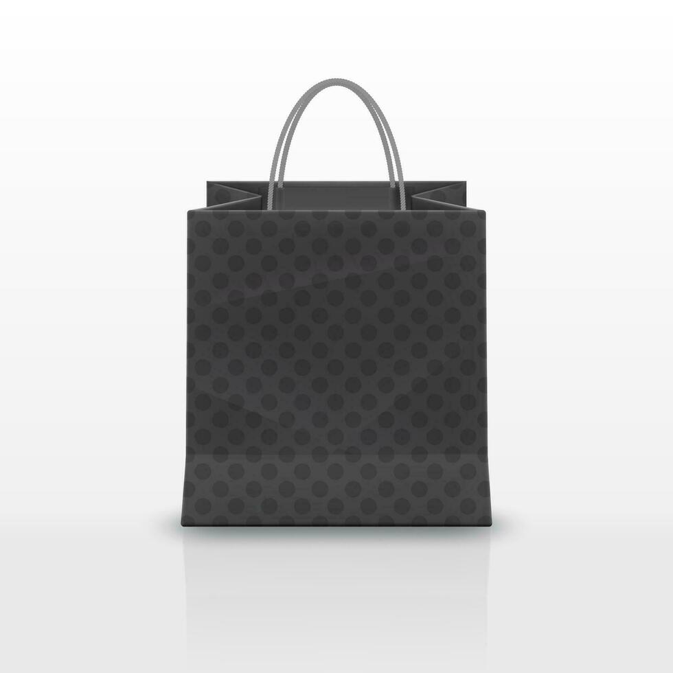 Realistic black Paper shopping bag with handles isolated on white background. Vector illustration