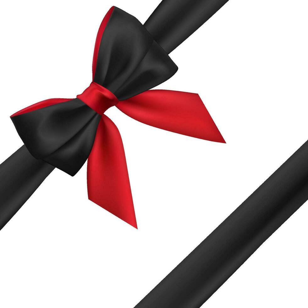 Realistic red and black bow. Element for decoration gifts, greetings, holidays. Vector illustration