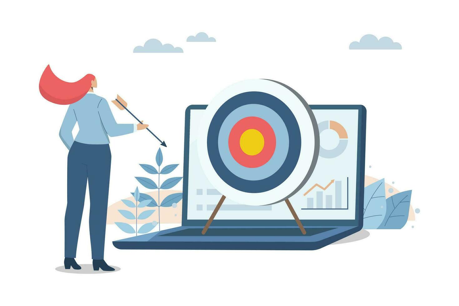 Setting business goals, Business motivation or financial goals, growth, Advertising media design concept, Businesswomen holding arrow with targets. Vector design illustration.