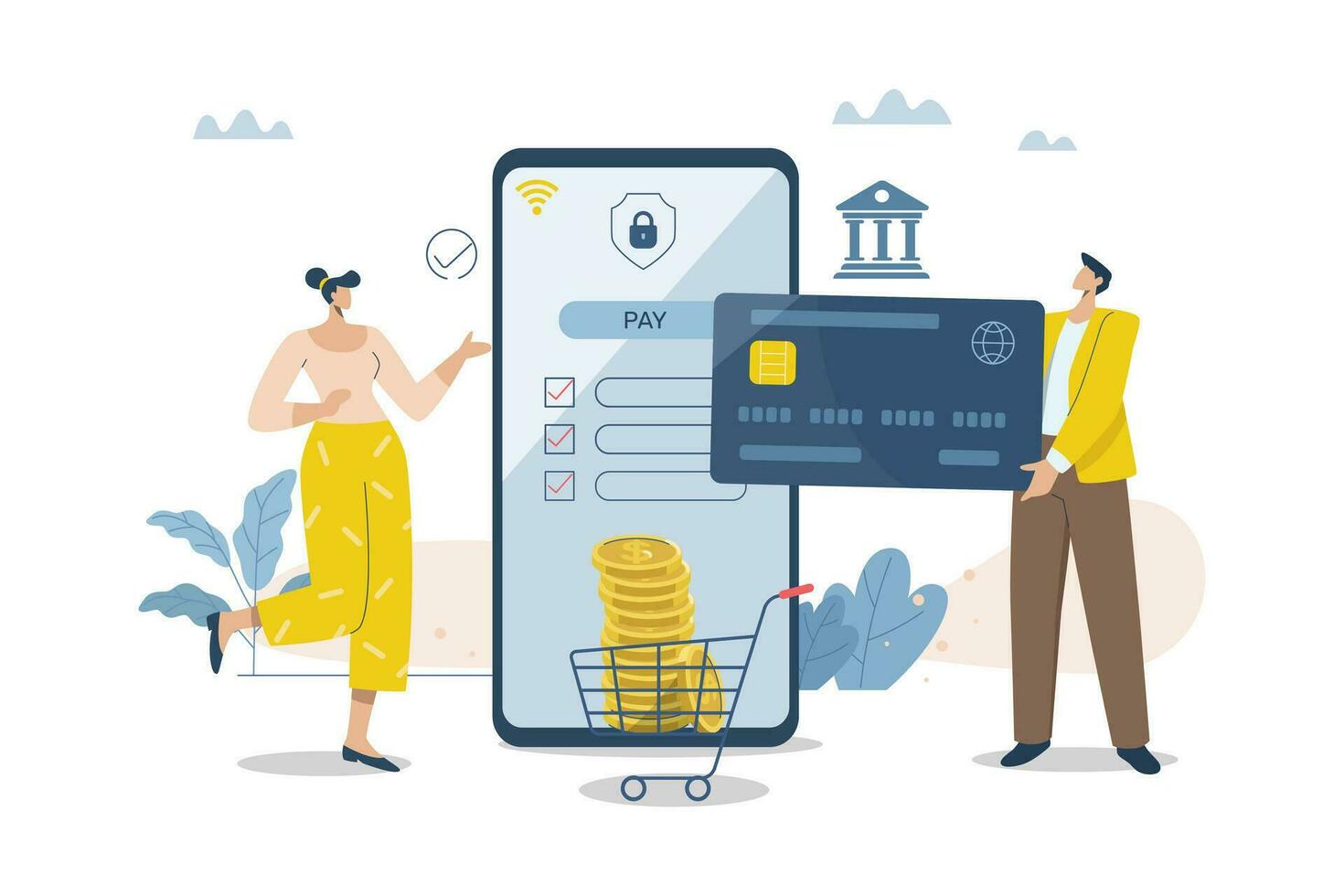 Online transactions, Pay by credit card via electronic wallet, Smartphone with Online Payment, Businessman and woman conducts financial transactions with bank electronically wirelessly. vector