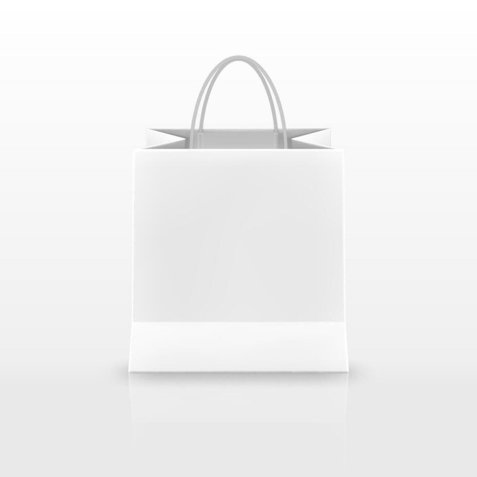Realistic white Paper shopping bag with handles isolated on white background. Vector illustration