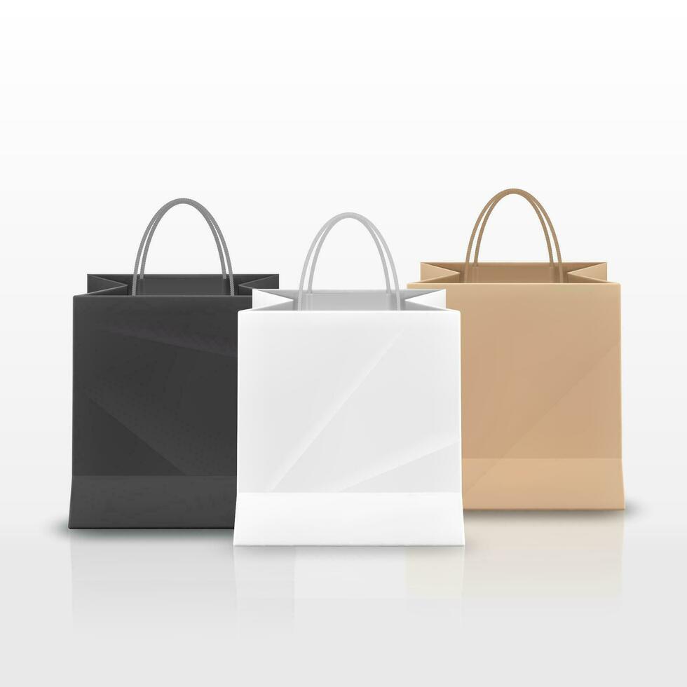 Realistic Paper shopping bag with handles set isolated on white background. Vector illustration