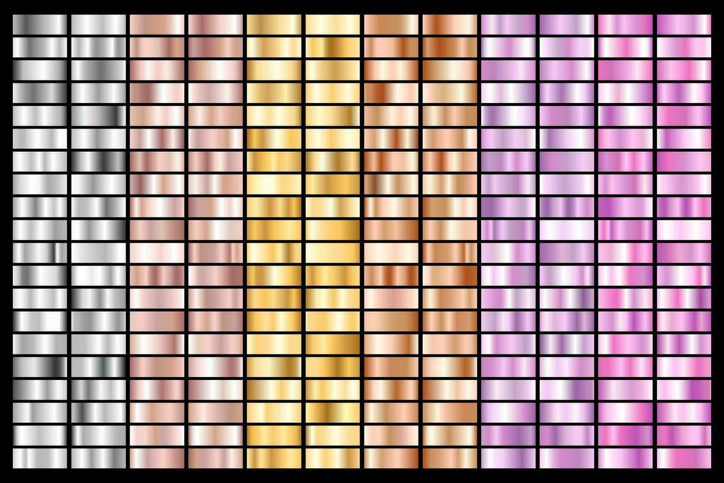 Collection of silver, chrome, gold, rose gold. bronze metallic and ultraviolet gradient. Vector illustration