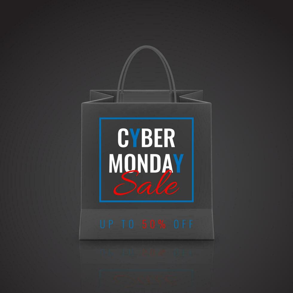 Cyber Monday Sale. Realistic Paper shopping bag with handles isolated on dark background. Vector illustration.