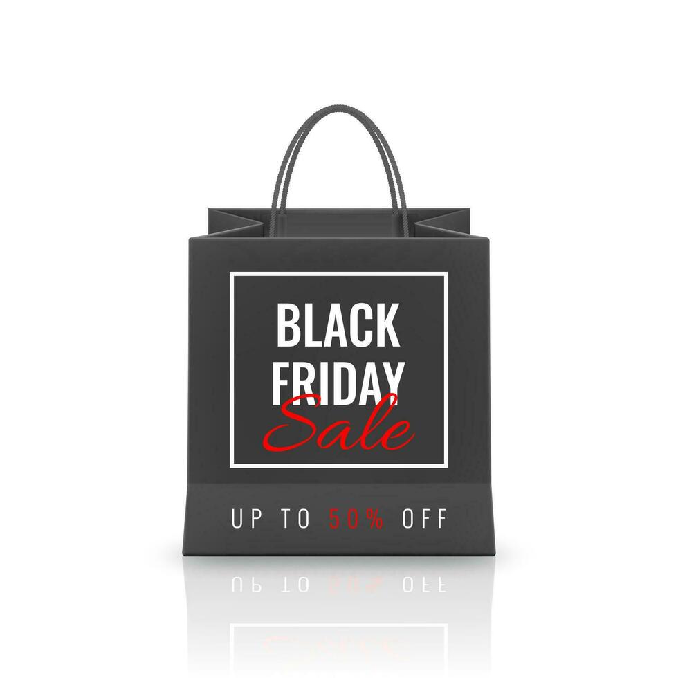 Black Friday Sale. Realistic Paper shopping bag with handles isolated on white background. Vector illustration