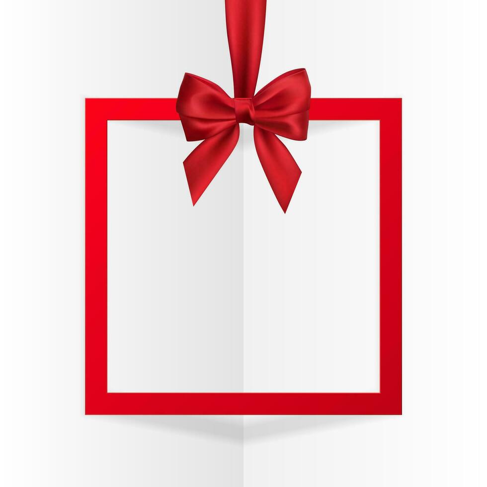 Bright holiday gift box frame banner hanging with red ribbon and silky bow on white background. Vector illustration