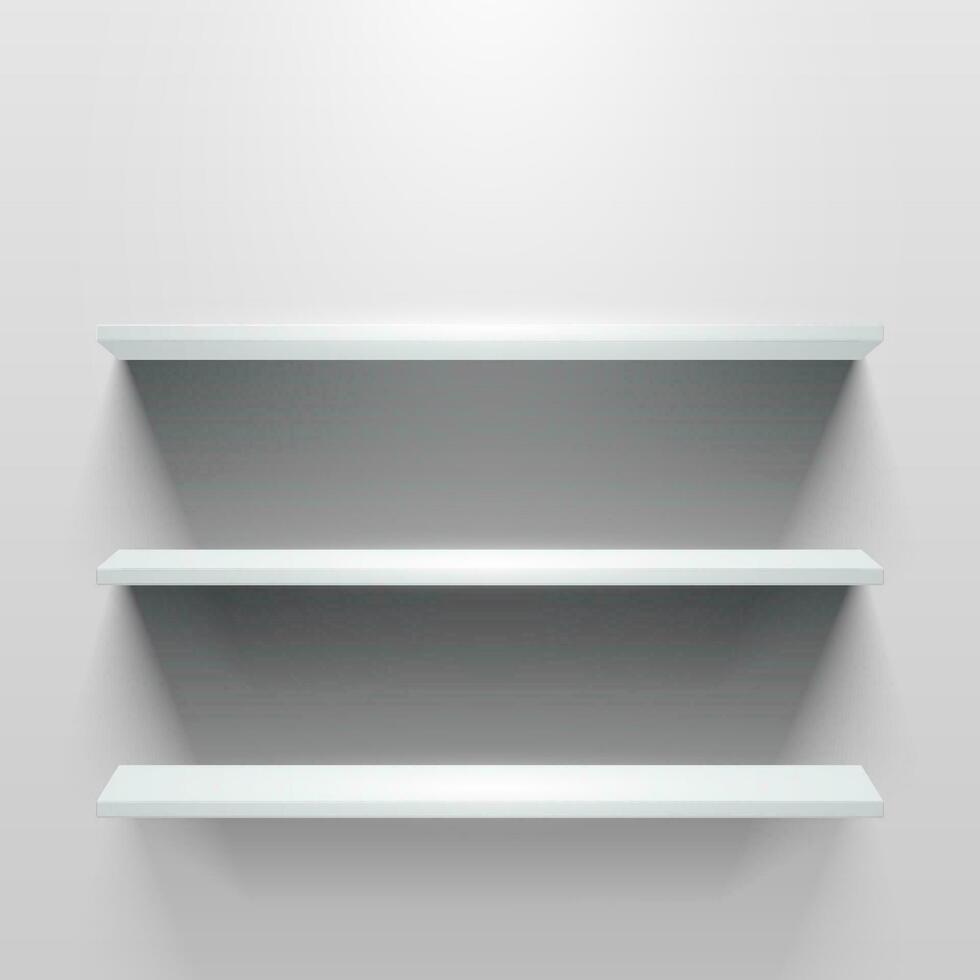 White empty shelf on white wall. Vector mockup