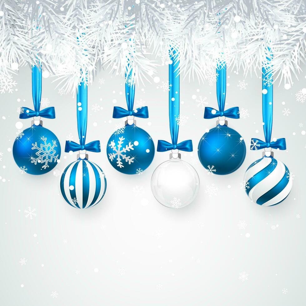 Christmas and New Year background with Blue christmas balls, fir branch and snow for xmas design. Vector illustration